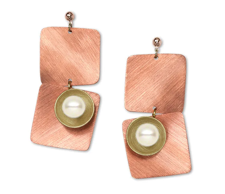 SPRAY LONG Curved Squares Mixed Metal Post Earrings with Metal and Accent Bead Options from the SCULPTURAL Collection