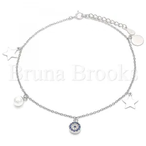 Sterling Silver 03.336.0046.10 Charm Anklet , Star Design, with Sapphire Blue and White Crystal, Polished Finish, Rhodium Tone