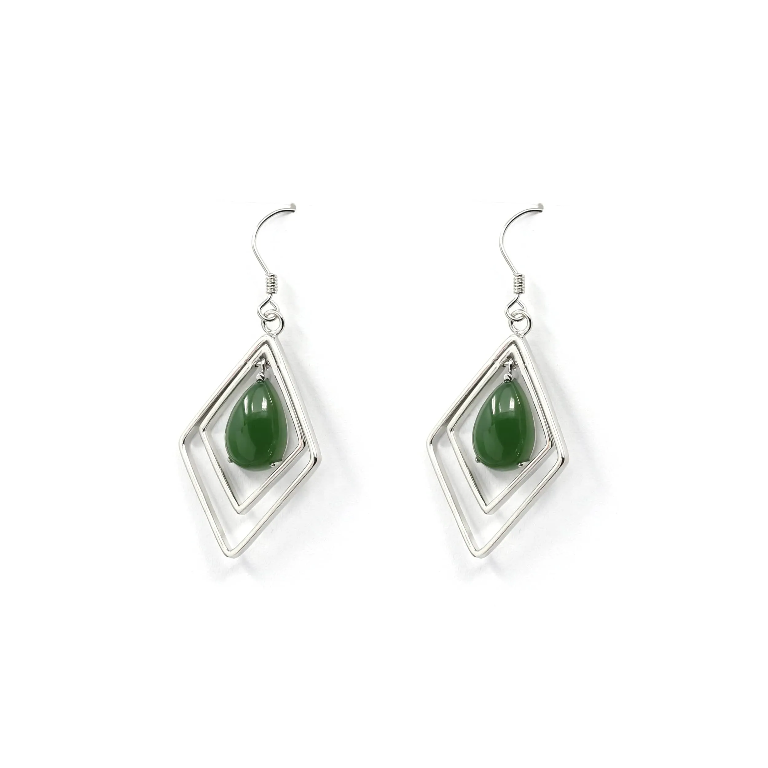Sterling Silver Genuine Nephrite Green Jade Oval Dangle Earrings
