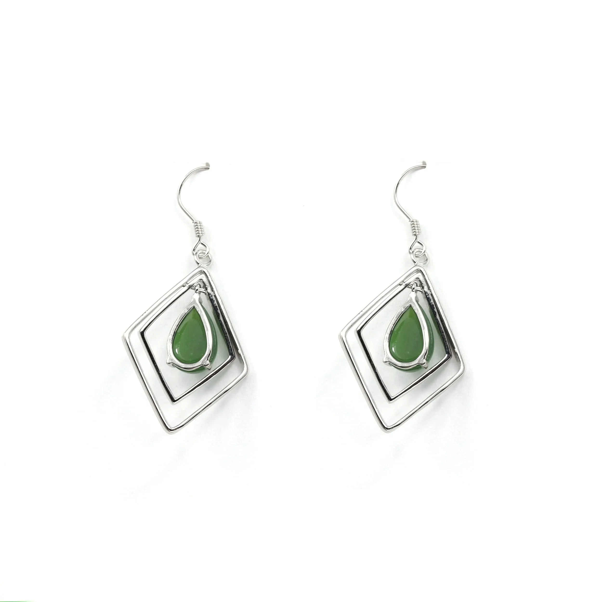 Sterling Silver Genuine Nephrite Green Jade Oval Dangle Earrings
