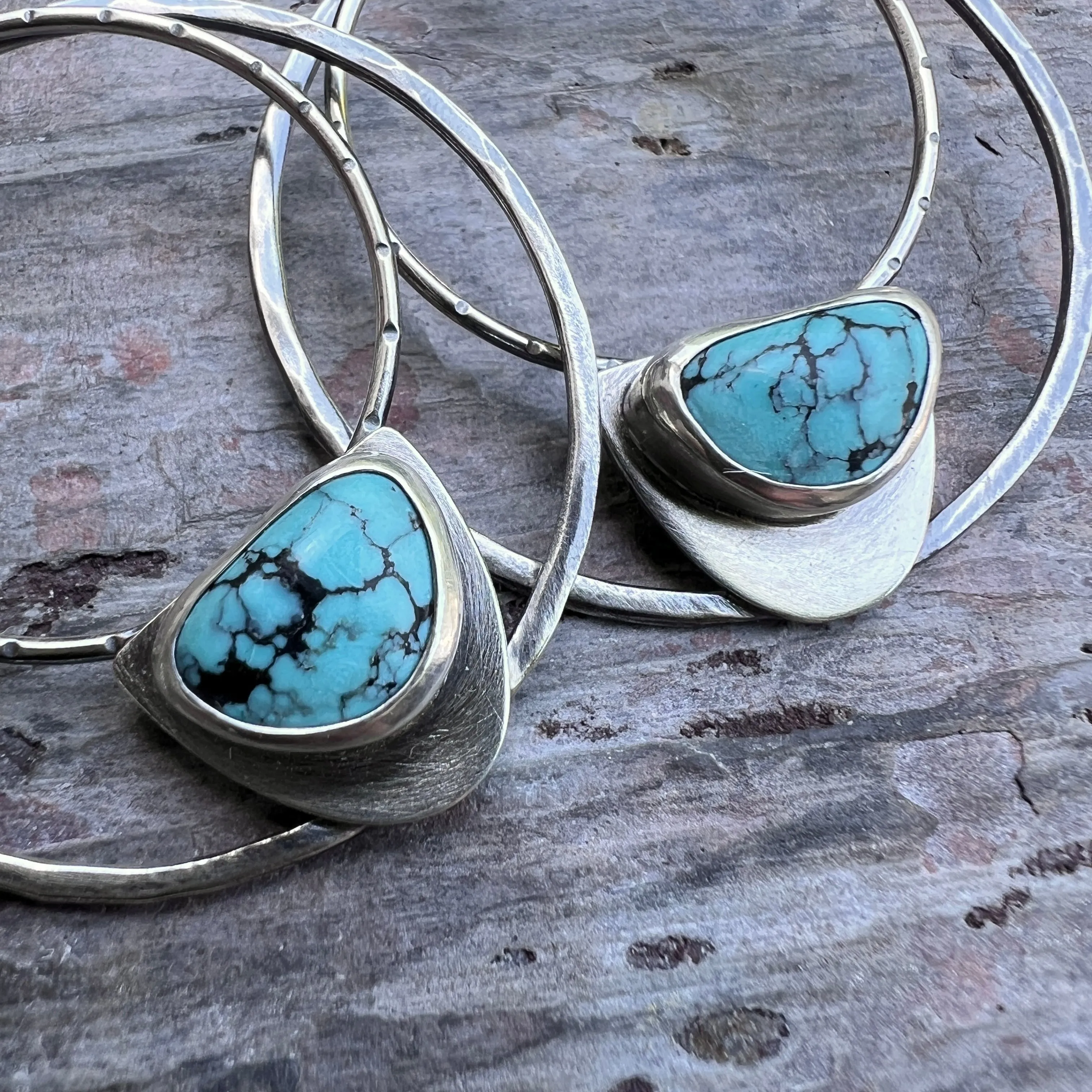 Sterling Silver Genuine Turquoise Hoops | Large Statement Earrings with Natural Stone