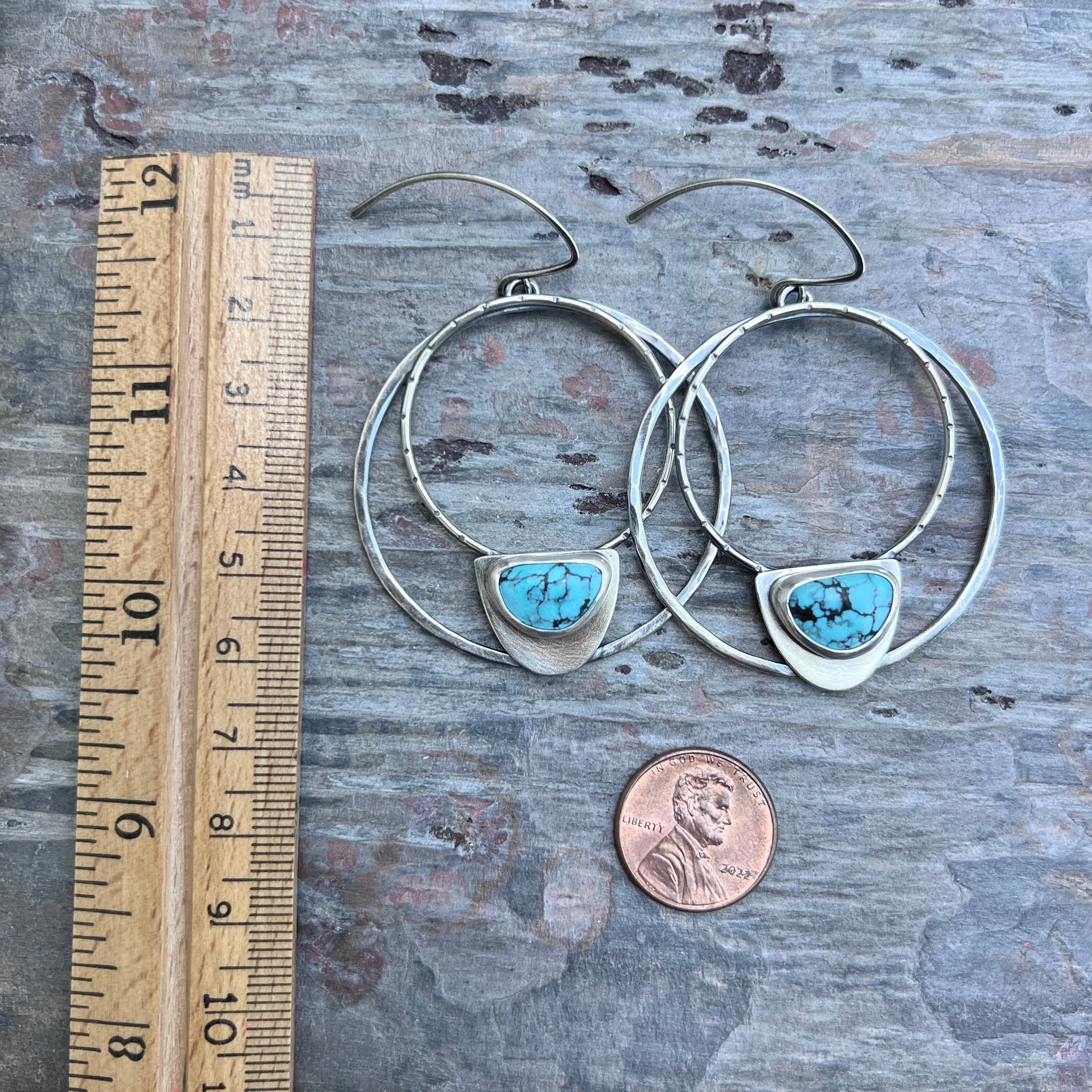 Sterling Silver Genuine Turquoise Hoops | Large Statement Earrings with Natural Stone