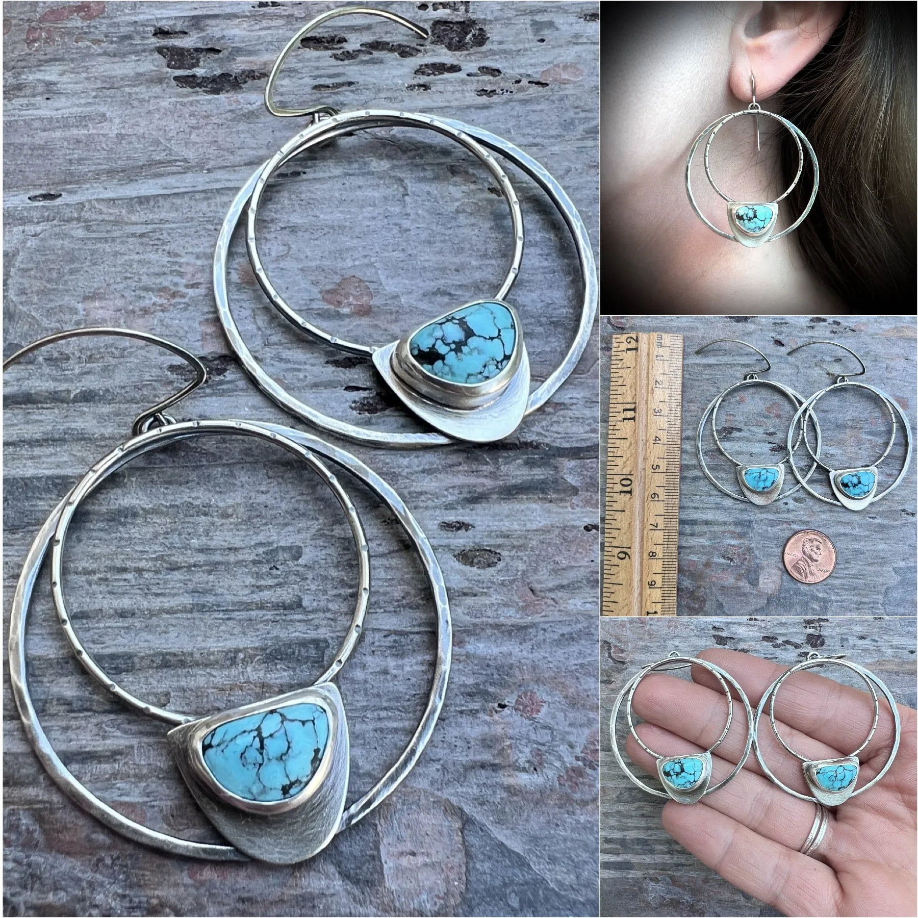 Sterling Silver Genuine Turquoise Hoops | Large Statement Earrings with Natural Stone