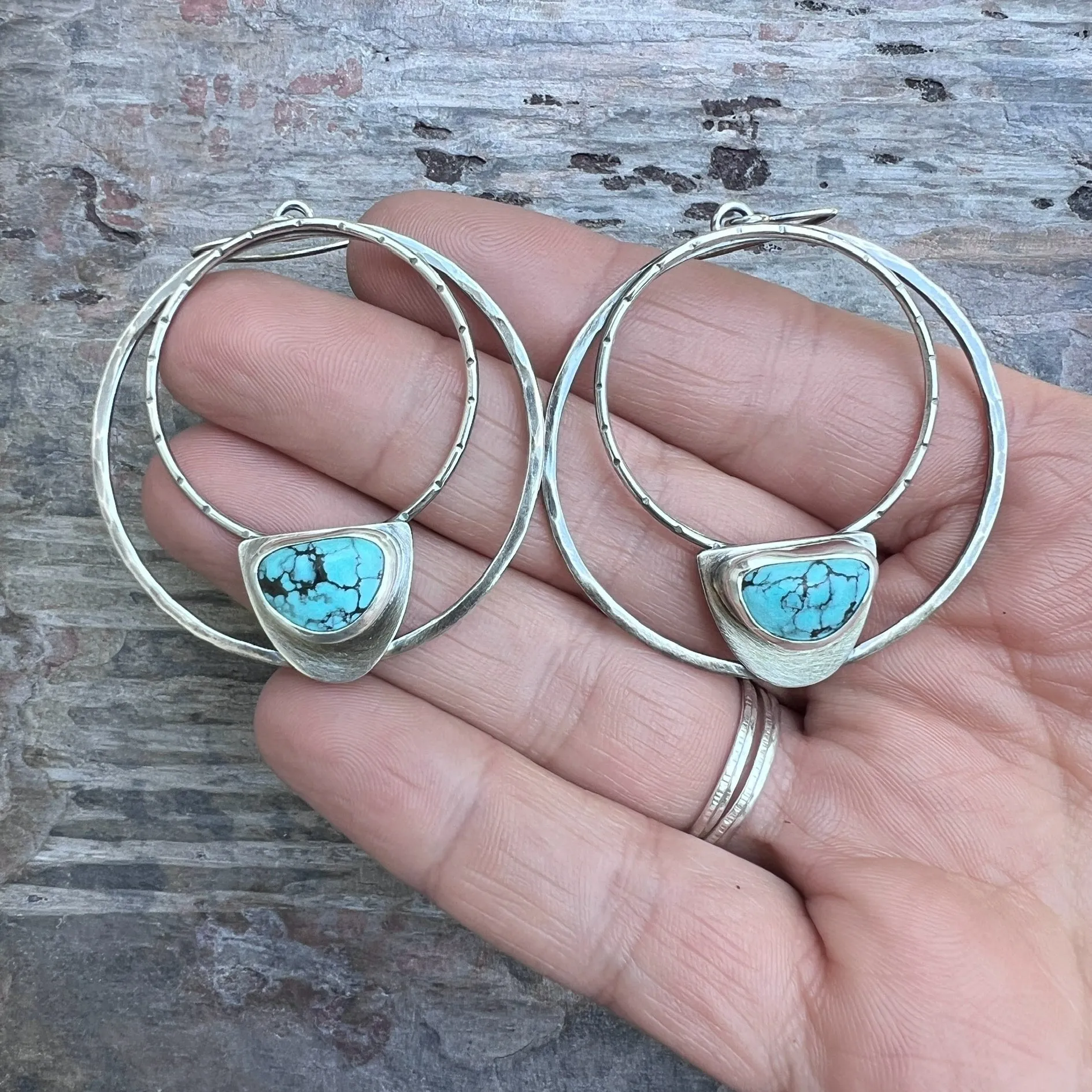 Sterling Silver Genuine Turquoise Hoops | Large Statement Earrings with Natural Stone
