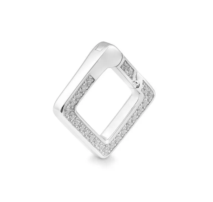Sterling Silver Rhodium Plated Square White Sapphire Charm Necklace Clasp (SI6921)