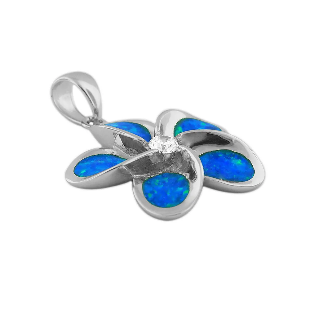 Sterling Silver Synthetic Blue Opal 24mm Plumeria Pendant Necklace, 16 2" Extender
