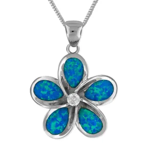 Sterling Silver Synthetic Blue Opal 24mm Plumeria Pendant Necklace, 16 2" Extender