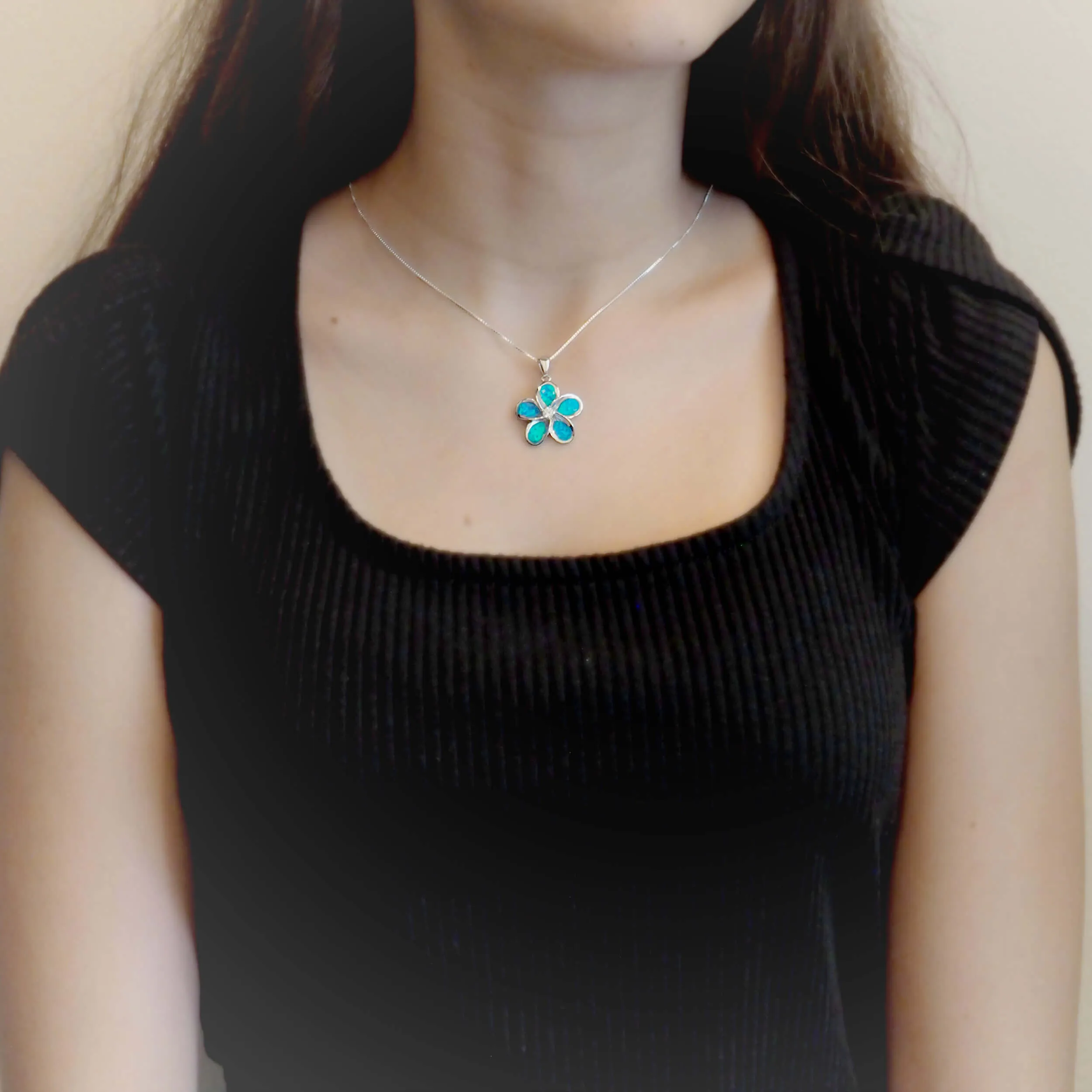 Sterling Silver Synthetic Blue Opal 24mm Plumeria Pendant Necklace, 16 2" Extender