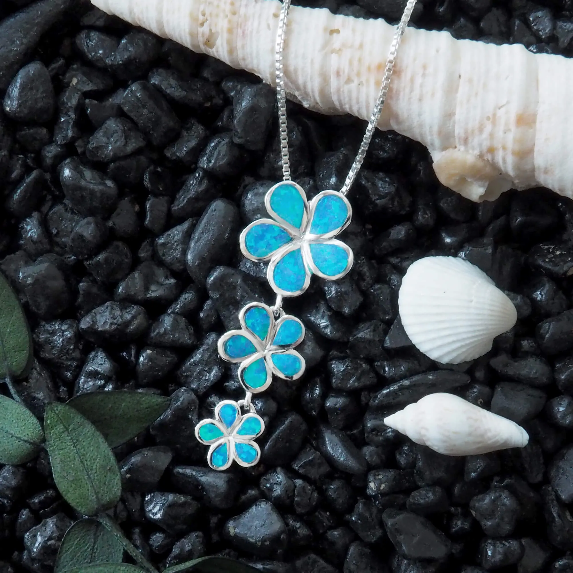 Sterling Silver Synthetic Blue Opal 3 Plumeria Pendant Necklace, 16 2" Extender