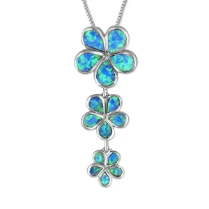 Sterling Silver Synthetic Blue Opal 3 Plumeria Pendant Necklace, 16 2" Extender