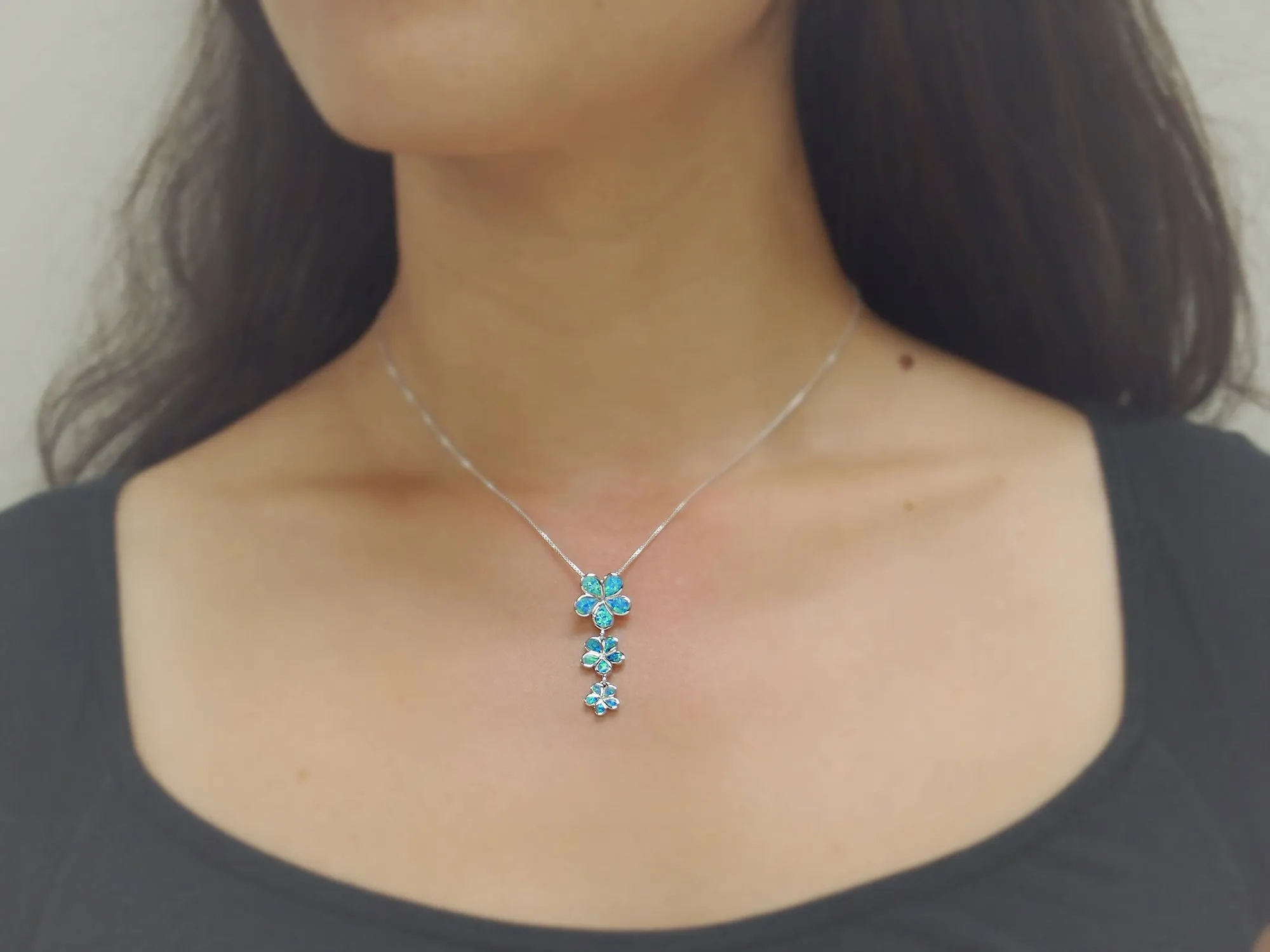 Sterling Silver Synthetic Blue Opal 3 Plumeria Pendant Necklace, 16 2" Extender