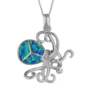 Sterling Silver Synthetic Blue Opal Octopus Pendant Necklace, 16 2" Extender