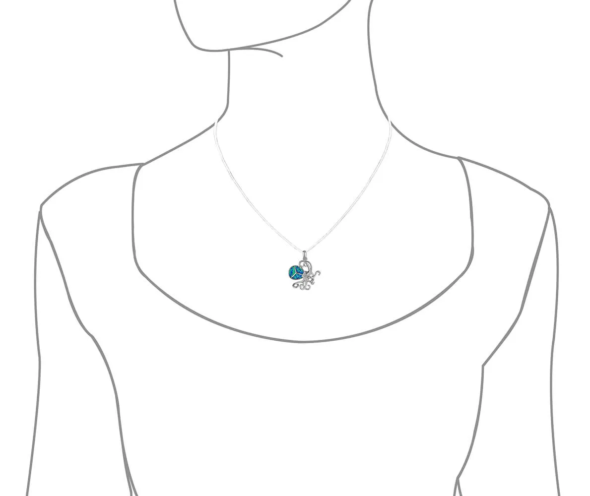Sterling Silver Synthetic Blue Opal Octopus Pendant Necklace, 16 2" Extender