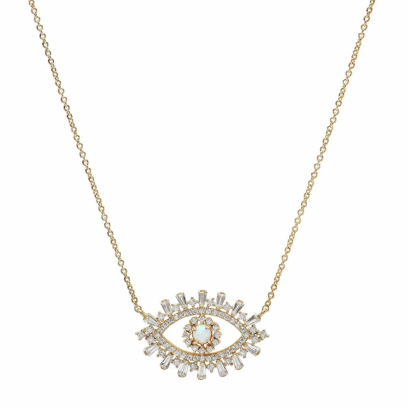 TAI   EVIL EYE NECKLACE WITH OPAL CENTER AND BAGUETTE CZ'S