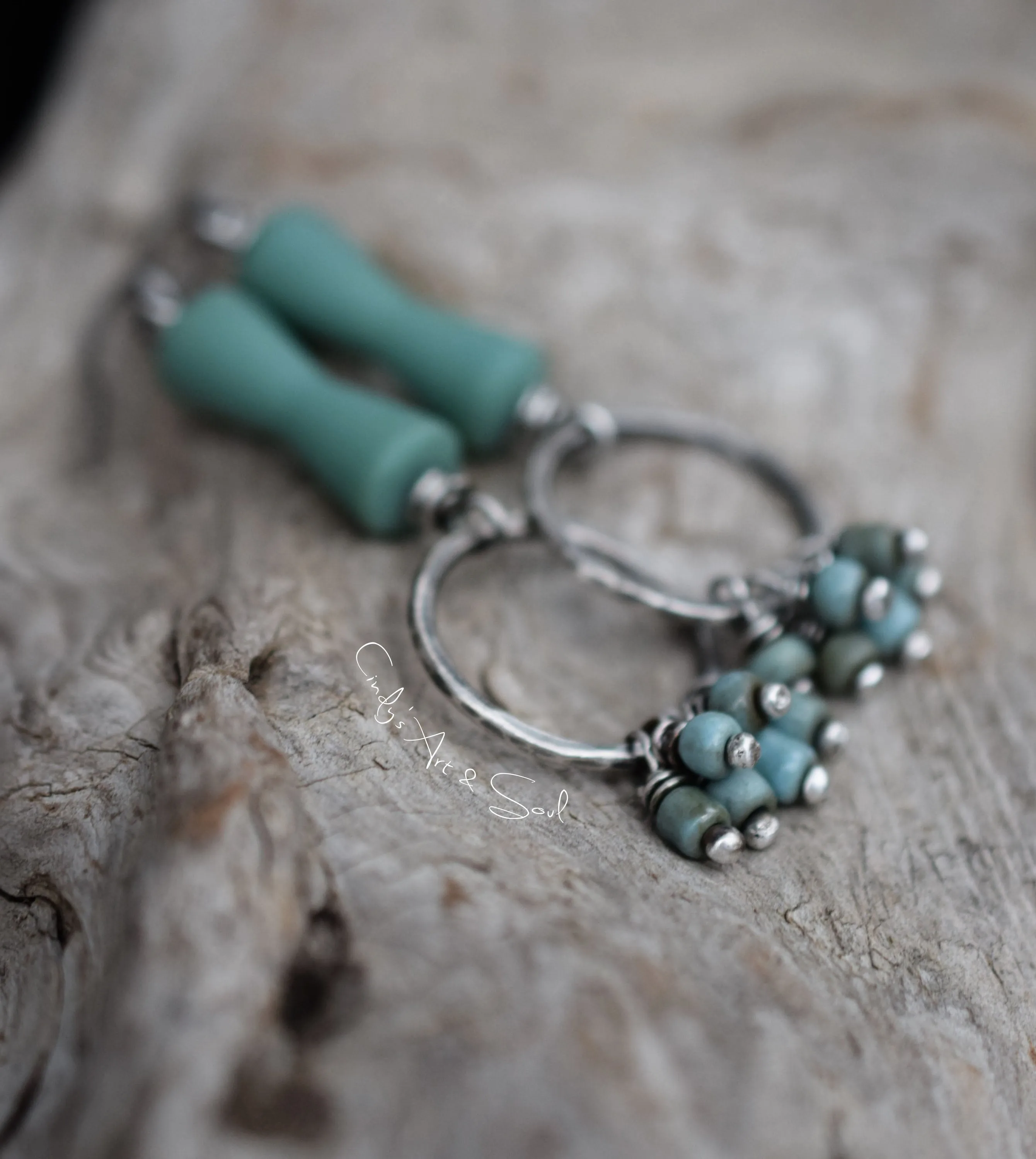 Turquoise Beaded Silver Hoop Earrings. Handcrafted Solid Silver Hoops with Turquoise Glass Dangles.