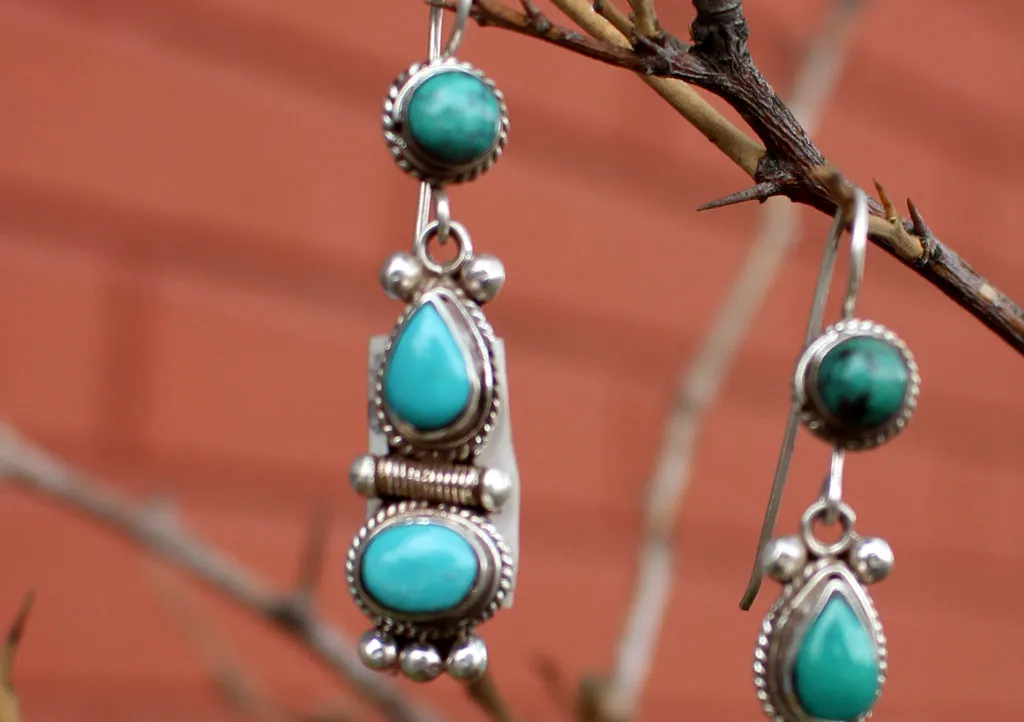 Turquoise Inlaid Traditional Flower Drop Silver Earrings