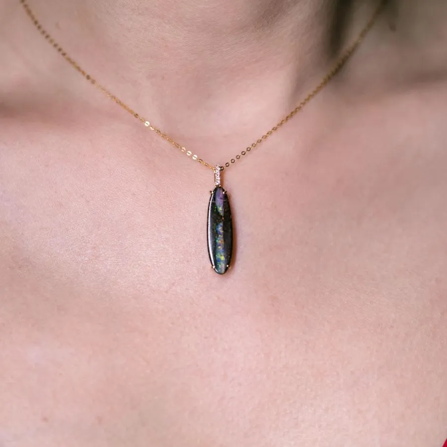 Unique Pattern Boulder Opal Diamond Pendant Necklace 18K Yellow Gold