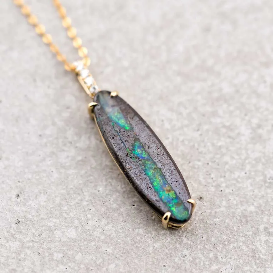 Unique Pattern Boulder Opal Diamond Pendant Necklace 18K Yellow Gold