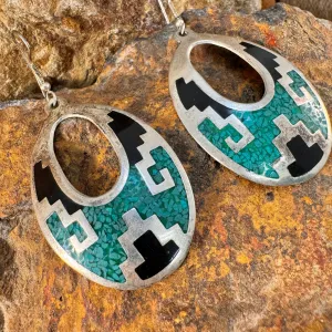 Vintage Alpaca Metal Mosaic Inlay Earrings - Estate