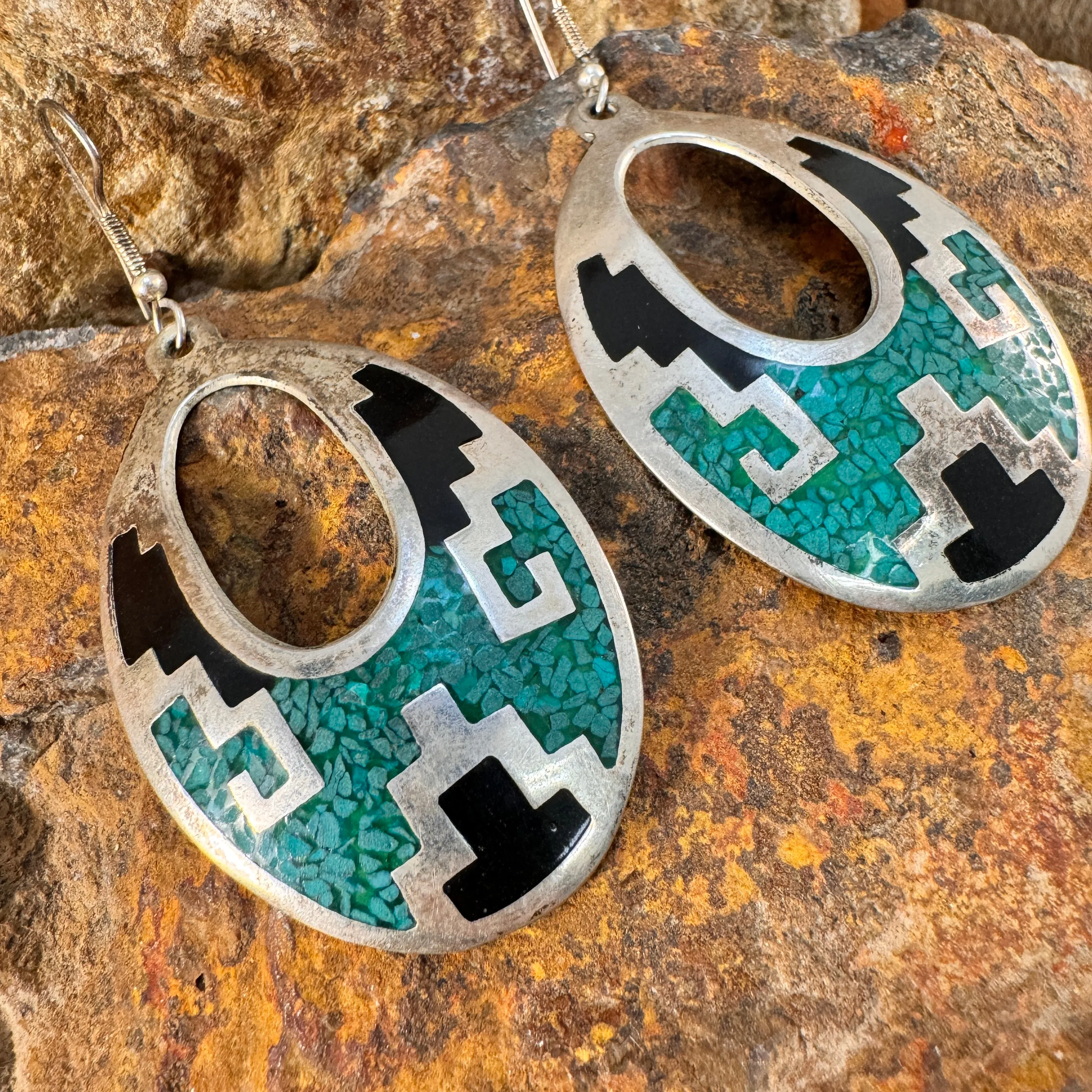 Vintage Alpaca Metal Mosaic Inlay Earrings - Estate