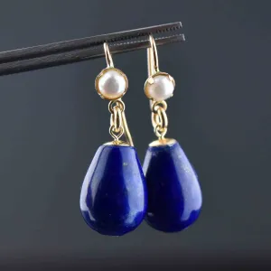 Vintage Gold Lapis Lazuli Pearl Dangle Drop Earrings
