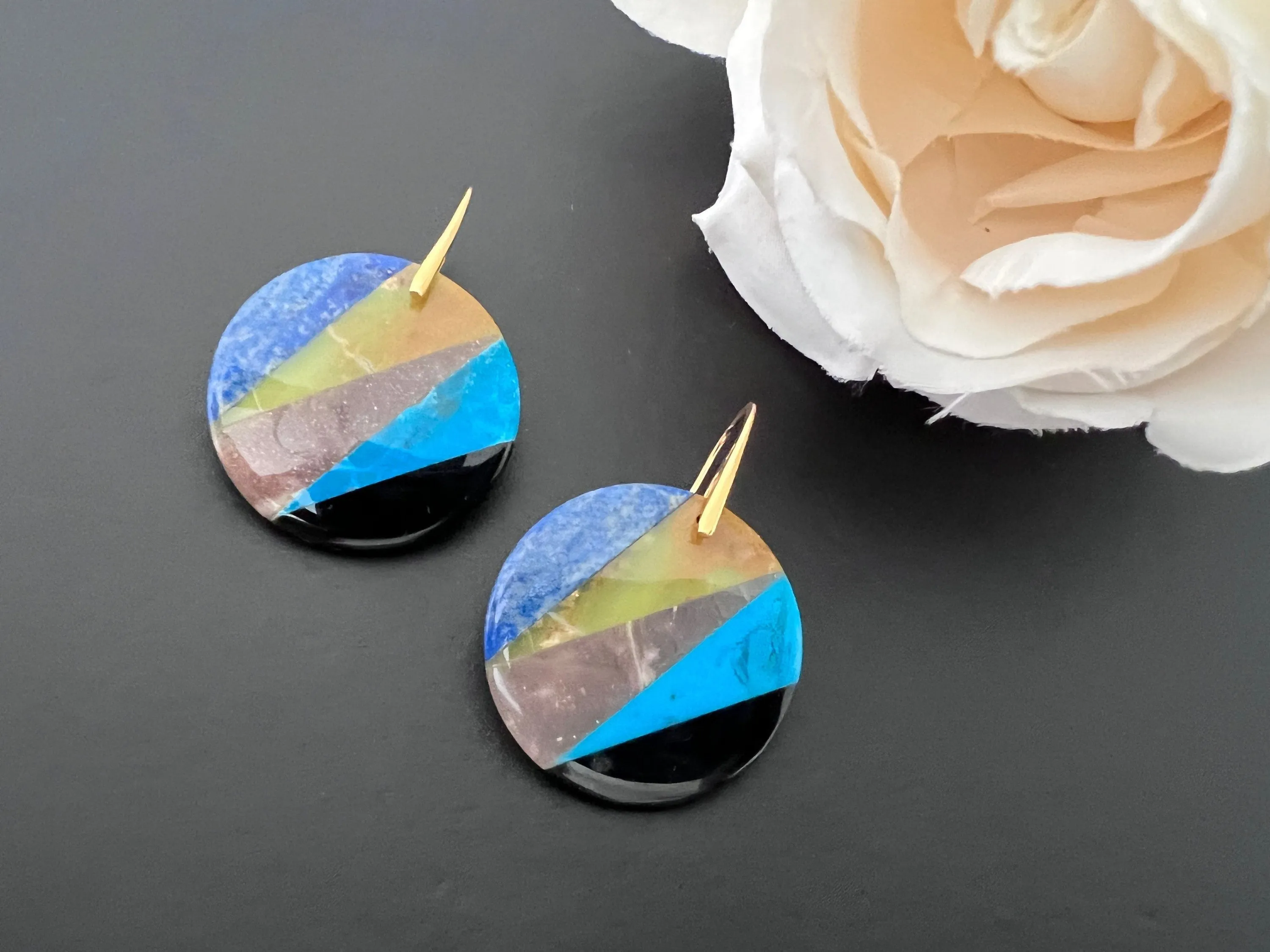 Yellow opal , obsidian, Lapis lazuli earrings, sunstone , intarsia earrings, statement earrings , apatite earrings , natural stone earrings
